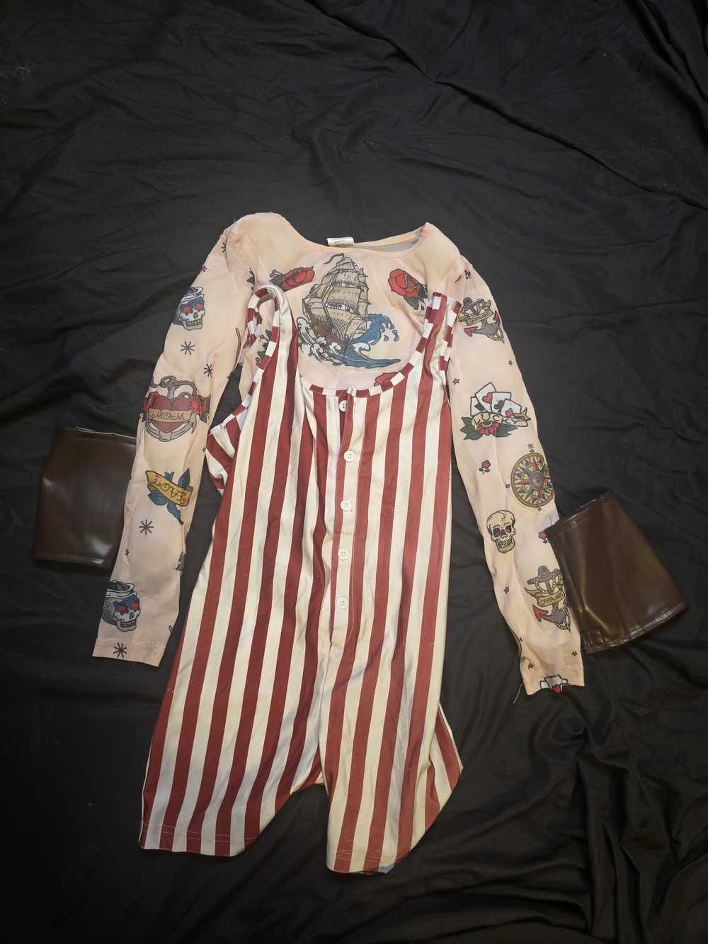 Kids Striped Vintage Circus One-Piece Romper with Tattoo-Print Sleeves